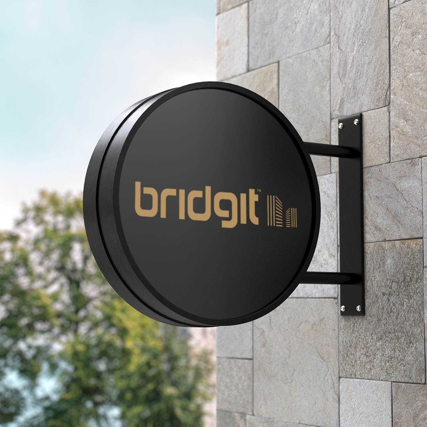 Bridgit logo on a wallsign mounted on the wall.